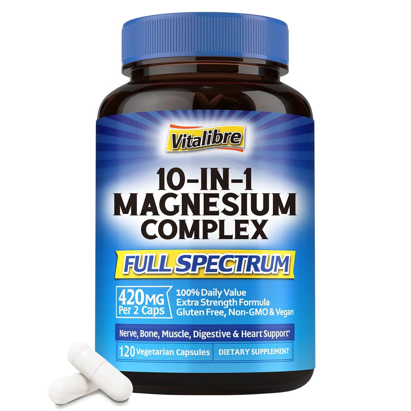 Vitalibre 10 in 1 Magnesium Complex 420mg Elemental Magnesium | Ultra Strength Max Absorption | Chelated Magnesium Supplement for Sleep Muscles Nerves & Heart Health | Non-GMO 120 Vegan Capsules